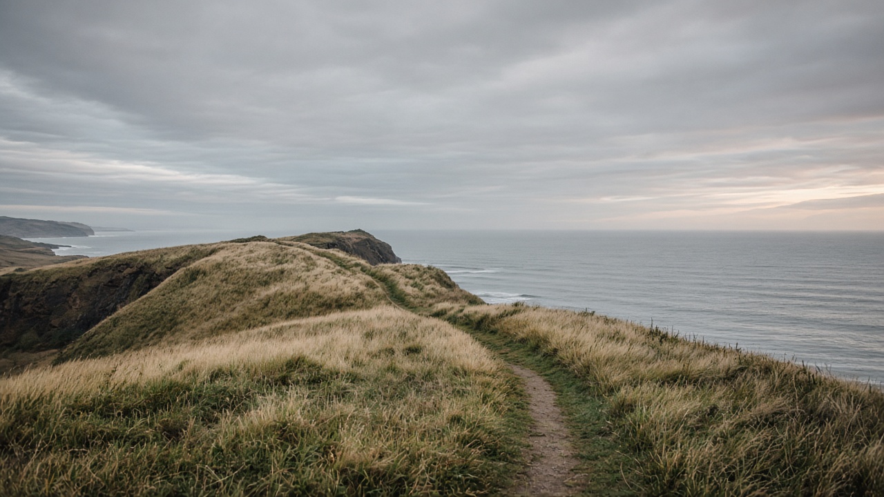 A pale grassy headland meeting a gray sea under an overcast sky