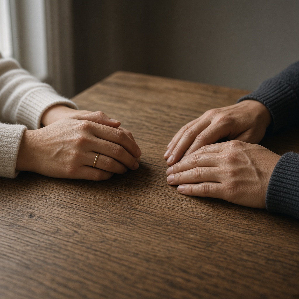 Two pairs of hands on a wooden table, one wearing a thin gold ring