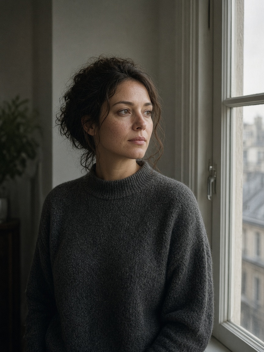 A woman in a charcoal sweater standing beside a tall window in soft daylight