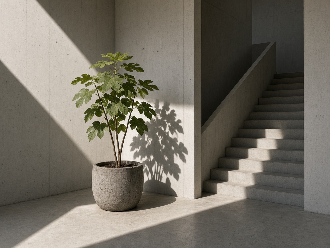 A sunlit concrete stair with a single potted fig and hard shadows