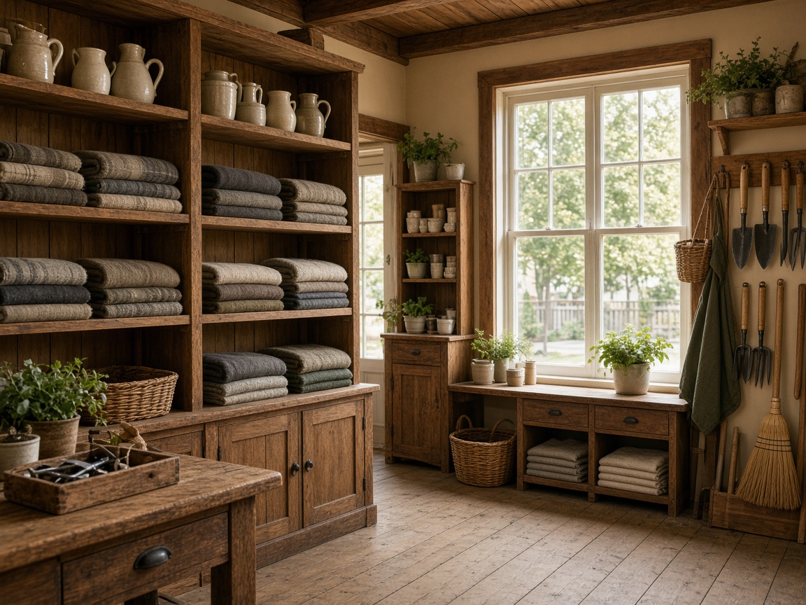 Inside Keel Supply, wooden shelves with ceramics, blankets, and garden tools
