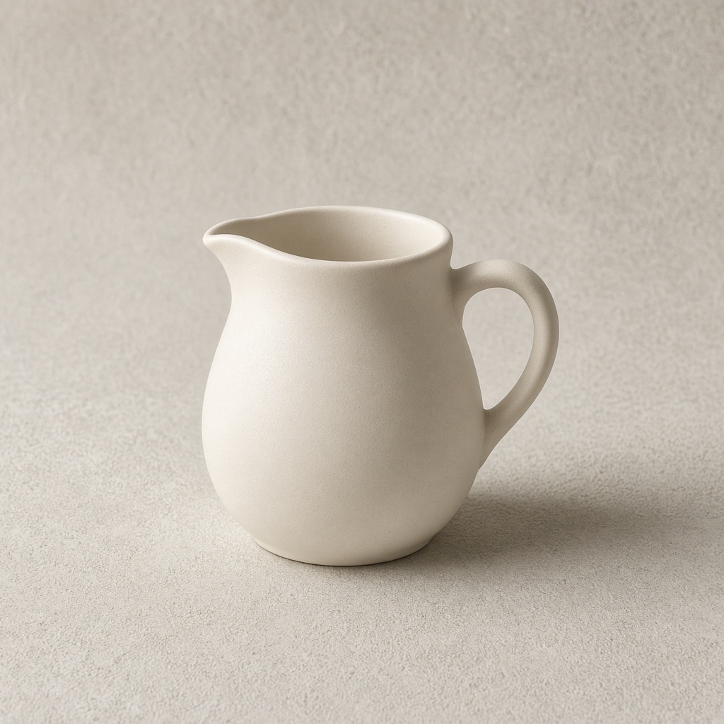 A matte cream ceramic pitcher on a warm gray background