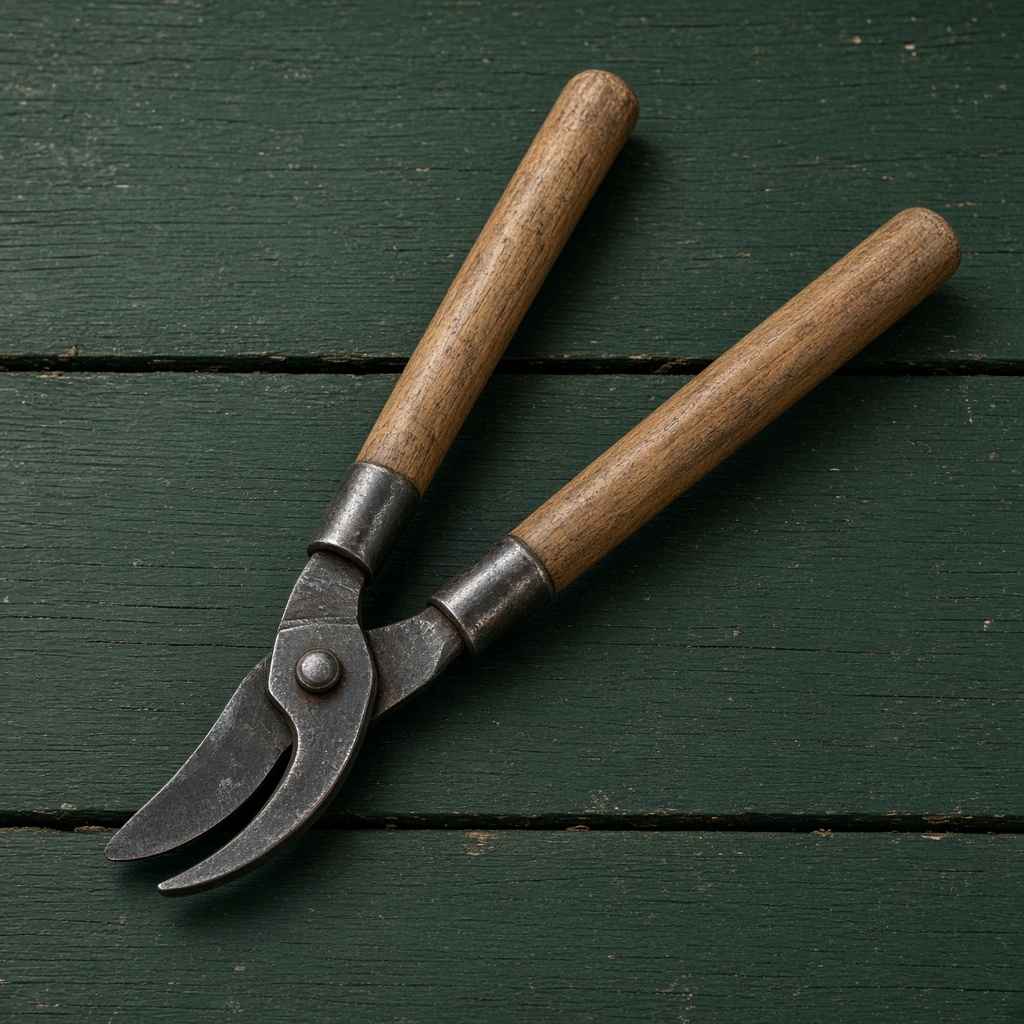 Forged garden shears with wooden handles on a dark green bench