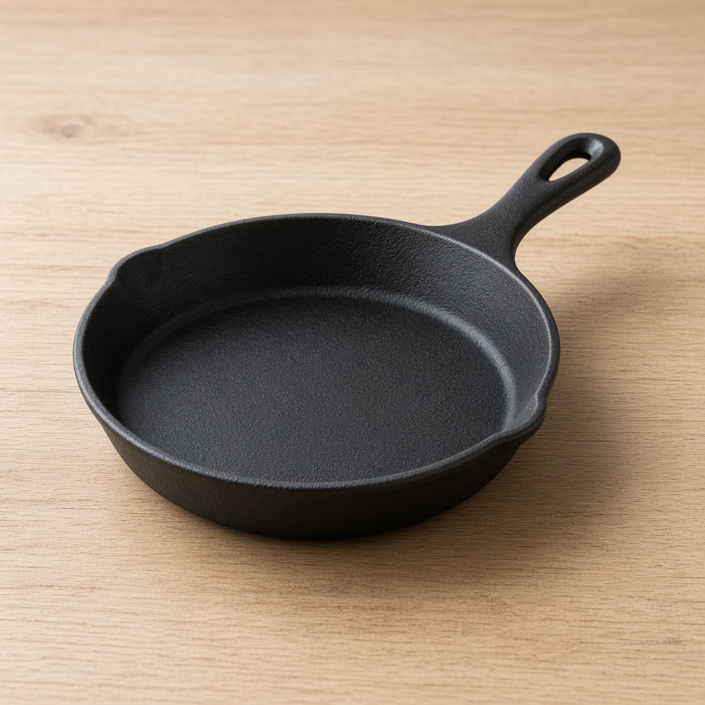 A black cast-iron skillet on a pale oak table