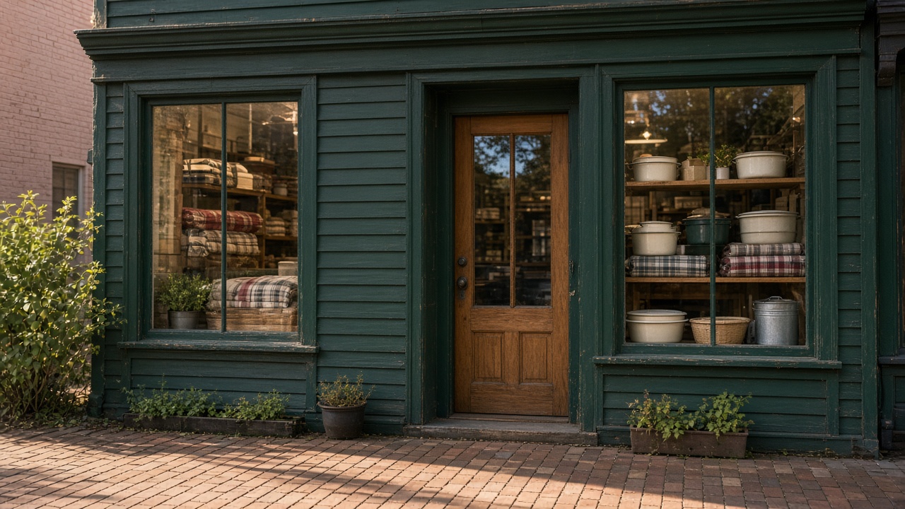 A dark green shopfront with a wooden door and blankets and enamelware in the windows