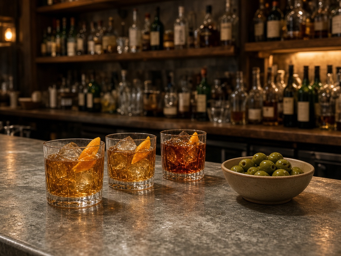 Three amber cocktails on a zinc bar with a bowl of olives