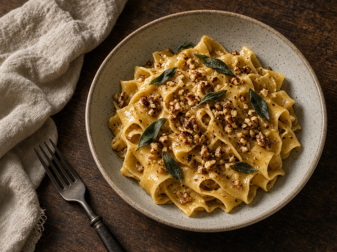 A bowl of pappardelle with brown butter, sage, and walnuts