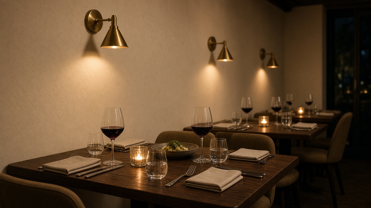 A dim dining room with brass sconces, set tables, and glasses of red wine