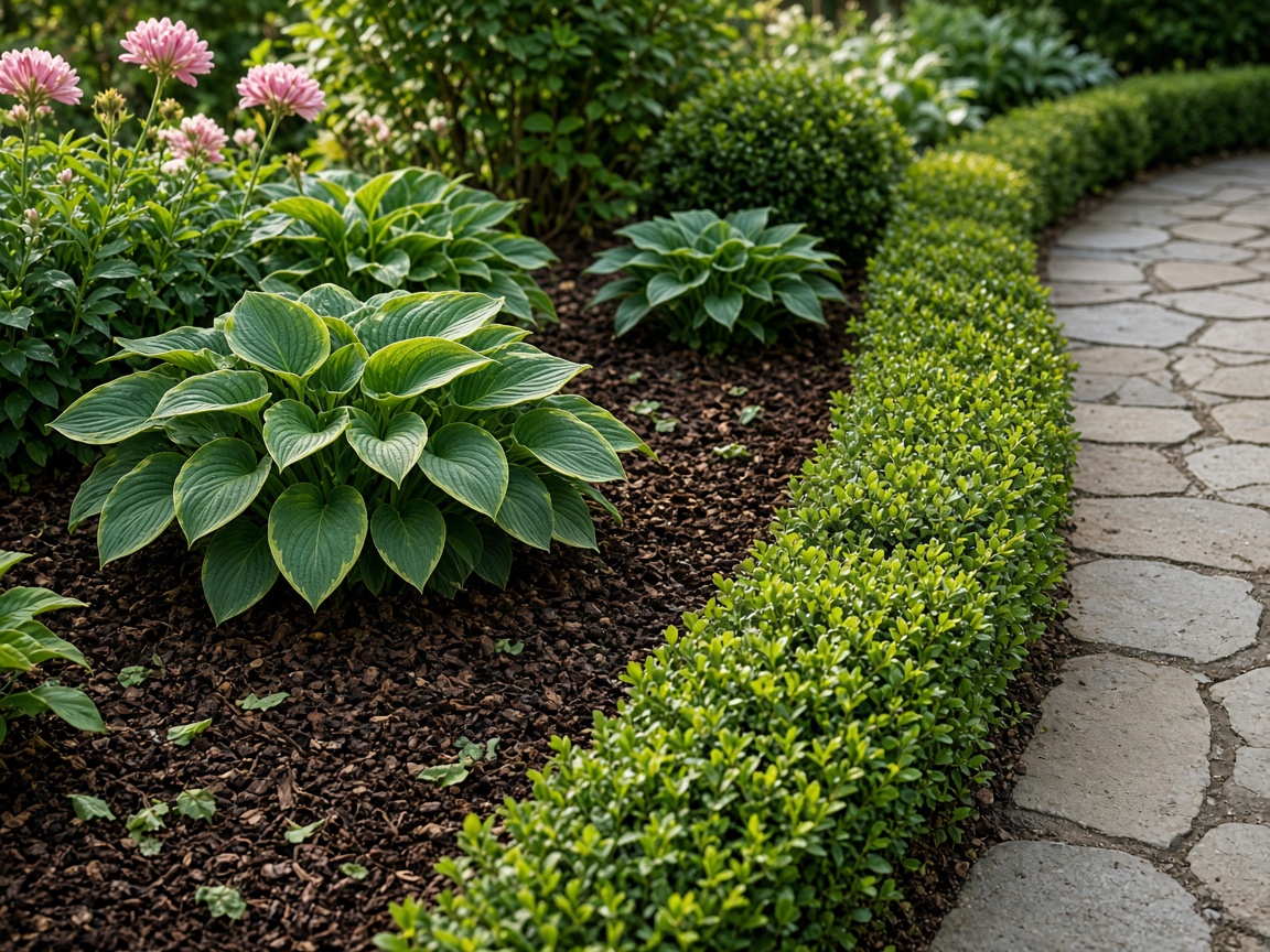 A mulched garden bed with hostas and a clipped hedge along a stone path