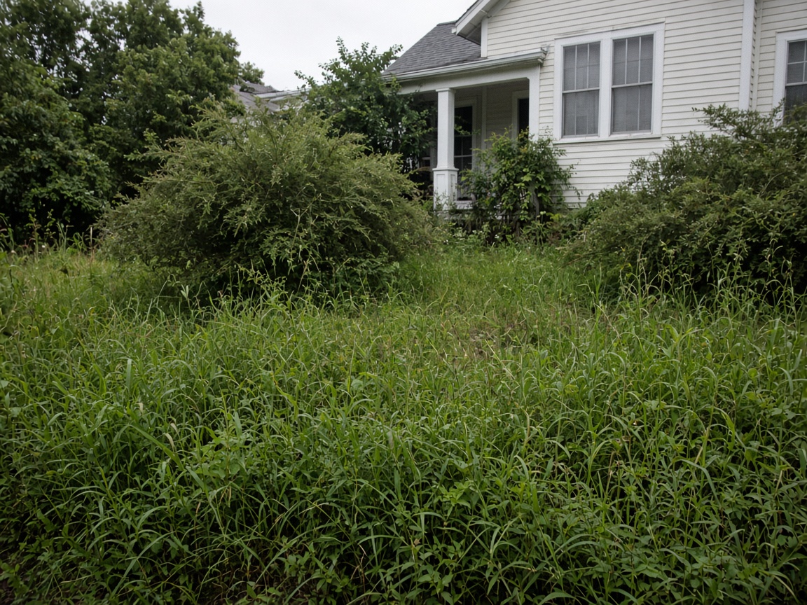 An overgrown front yard of tall grass and shaggy shrubs in front of a pale house