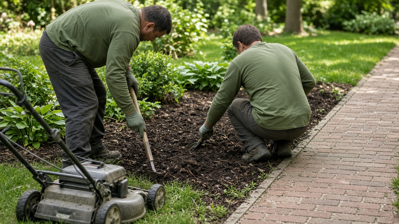 Two crew members in olive shirts edging a garden bed beside a brick walk